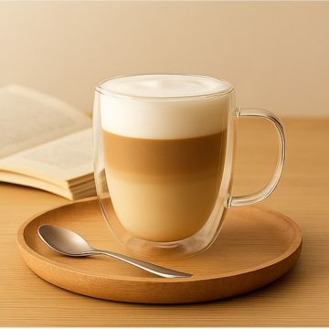 Double-walled borosilicate glass mug set with floating effect design showcasing hot coffee

Insulated clear glass cups in two sizes - 300ml and 150ml for different beverages

Heat-resistant transparent coffee mugs preventing condensation and protectin