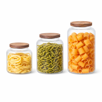 Ribbed Large Glass storage jar with acacia wooden lid for kitchen pantry organization