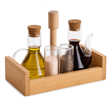 borosilicate glass oil and vinegar cruet set with cork stoppers in bamboo stand
