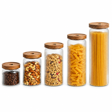 Fine Ribbed Airtight Glass Kitchen Storage Jar with Acacia Wooden Lid