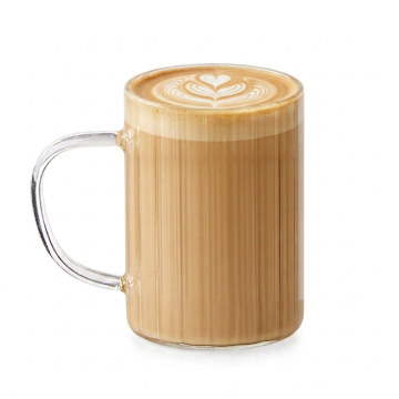 Clear ribbed borosilicate glass coffee mug with a curved handle
