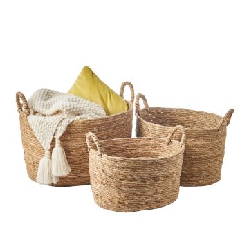 Natural Straw Storage Baskets with Handles for Home Organization